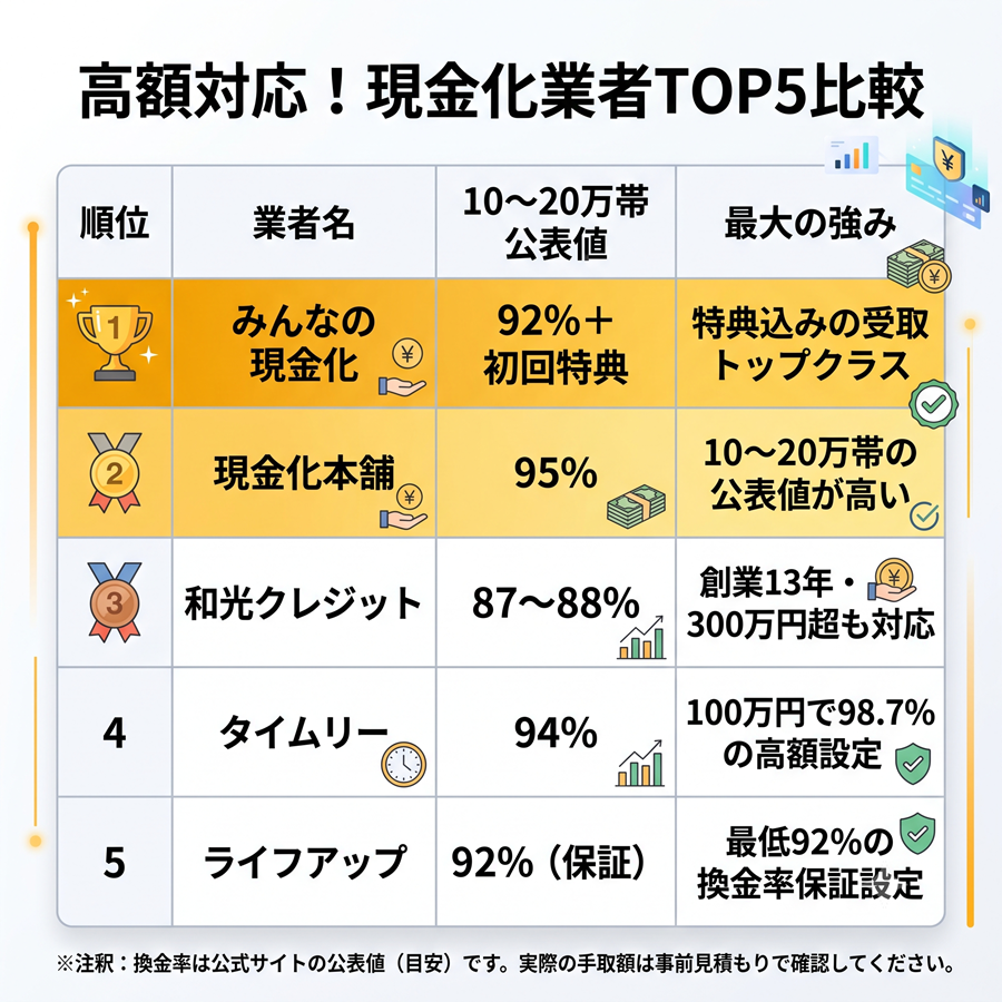 現金化業者TOP5の比較表。みんなの現金化、現金化本舗など5社の10〜20万円帯公表換金率と最大の強みを一覧で比較