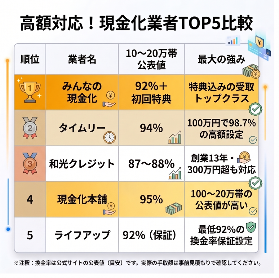 現金化業者TOP5の比較表。みんなの現金化、現金化本舗など5社の10〜20万円帯公表換金率と最大の強みを一覧で比較